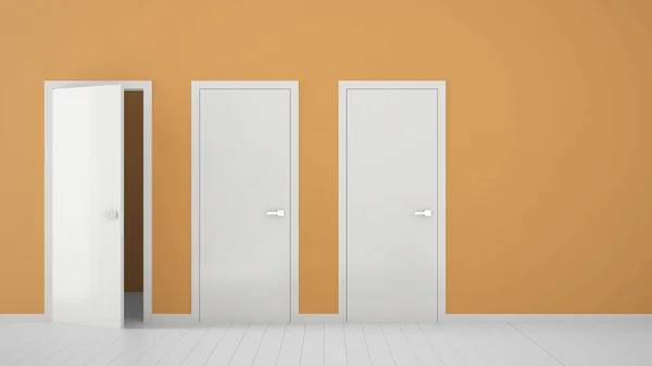Пустой оранжевый дизайн интерьера комнаты с закрытыми и открытыми дверями с рамой, дверными ручками, деревянным белым полом. Выбор, решение, выбор, идея концепции опций с пространством для копирования — стоковое фото