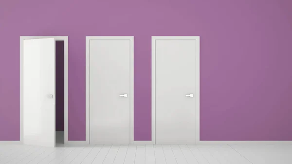 Empty purple room interior design with closed and open doors with frame, door handles, wooden white floor. Choice, decision, selection, option concept idea with copy space