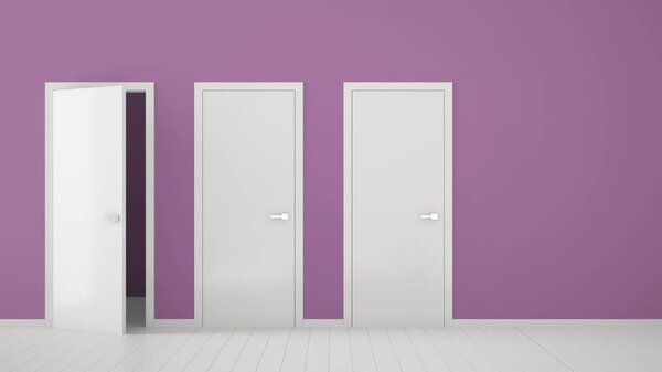 Empty purple room interior design with closed and open doors with frame, door handles, wooden white floor. Choice, decision, selection, option concept idea with copy space
