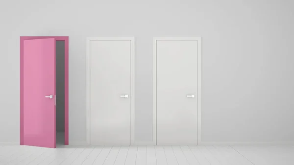 Порожній дизайн інтер'єру кімнати з двома білими закритими дверима і одними відкритими рожевими дверима з рамою, дерев'яною білою підлогою. Вибір, рішення, вибір, ідея концепції параметра з простором копіювання — стокове фото