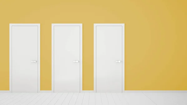 Projeto de interiores quarto amarelo vazio com portas fechadas com moldura, maçanetas da porta, piso branco de madeira. Escolha, decisão, seleção, ideia de conceito de opção com espaço de cópia — Fotografia de Stock