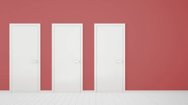Çerçeveli kapalı kapılar, kapı kolları, ahşap beyaz zemin ile boş kırmızı oda iç tasarım. Kopyalama alanı ile seçim, karar, seçim, seçenek kavramı fikri