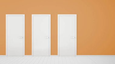 Çerçeveli kapalı kapılar, kapı kolları, ahşap beyaz zemin ile boş turuncu oda iç tasarım. Kopyalama alanı ile seçim, karar, seçim, seçenek kavramı fikri