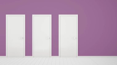 Çerçeveli kapalı kapılar, kapı kolları, ahşap beyaz zemin ile boş mor oda iç tasarım. Kopyalama alanı ile seçim, karar, seçim, seçenek kavramı fikri