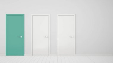 Çerçeveli kapalı kapılar, bir turkuaz kapı, ahşap beyaz zemin ile boş beyaz oda iç tasarım. Kopyalama alanı ile seçim, karar, seçim, seçenek kavramı fikri