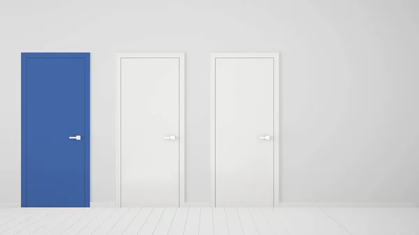 Κενό εσωτερικό σχεδιασμό λευκό δωμάτιο με κλειστές πόρτες με κορνίζα, μια μπλε πόρτα, ξύλινο λευκό πάτωμα. Επιλογή, απόφαση, επιλογή, ιδέα έννοια επιλογή με χώρο αντιγραφής — Φωτογραφία Αρχείου