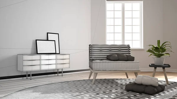 Építész belsőépítészeti koncepció: befejezetlen projekt válik igazi, skandináv minimalista nappali nagy, kerek szőnyeg és kanapé párnákkal, modern belsőépítészet — Stock Fotó
