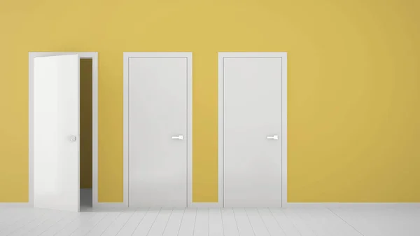 Άδειο κίτρινο δωμάτιο εσωτερικό σχεδιασμό με κλειστές και ανοιχτές πόρτες με κορνίζα, λαβές πόρτας, ξύλινο λευκό πάτωμα. Επιλογή, απόφαση, επιλογή, ιδέα έννοια επιλογή με χώρο αντιγραφής — Φωτογραφία Αρχείου