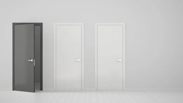 Άδειο δωμάτιο εσωτερικού σχεδιασμού με δύο λευκές κλειστές πόρτες και μια ανοιχτή γκρίζα πόρτα με σκελετό, ξύλινο λευκό πάτωμα. Επιλογή, απόφαση, επιλογή, ιδέα έννοια επιλογή με χώρο αντιγραφής — Φωτογραφία Αρχείου
