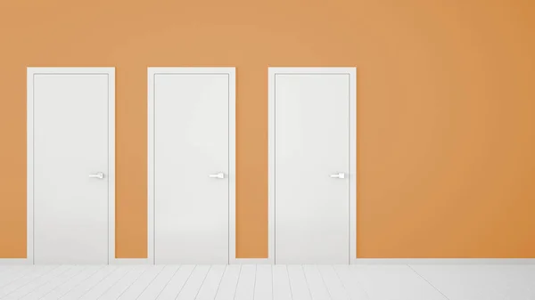 Empty orange room interior design with closed doors with frame, door handles, wooden white floor. Choice, decision, selection, option concept idea with copy space