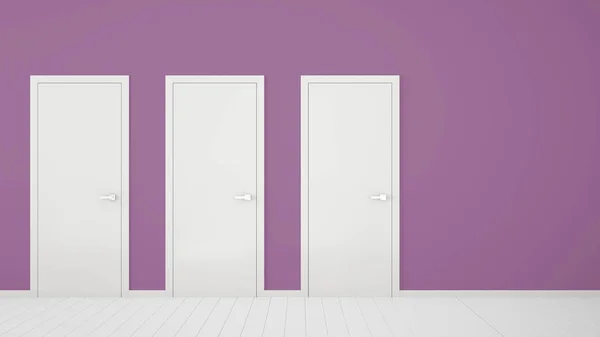 Пустой фиолетовый дизайн интерьера комнаты с закрытыми дверями с рамой, дверными ручками, деревянным белым полом. Выбор, решение, выбор, идея концепции опций с пространством для копирования — стоковое фото