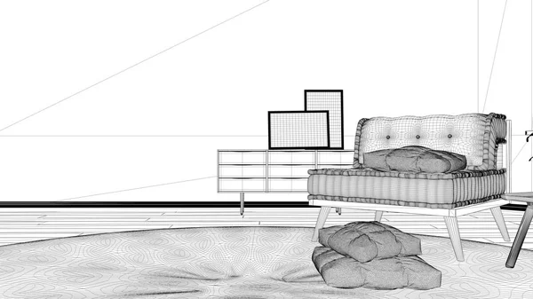 Projekt projektu Blueprint, minimalistyczny salon z dużym okrągłym dywanem i kanapą z poduszkami, Nowoczesna koncepcja architektury wnętrz koncepcji — Zdjęcie stockowe