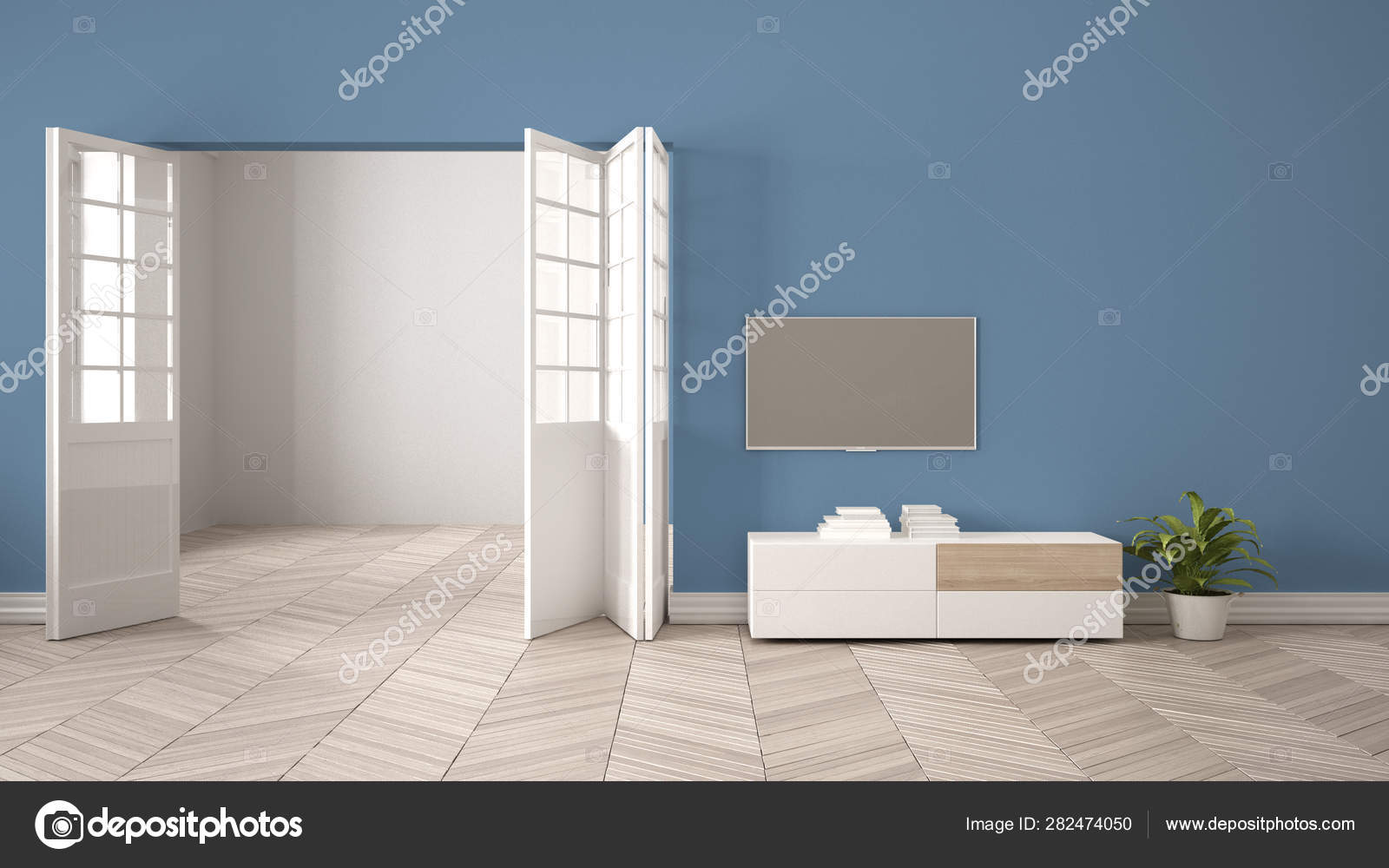 现代蓝色客厅配有白色家具和电视，空白墙面背景，开门，镶木地板，模板背景，复制空间，室内设计理念——图库图片© ArchiVIz #282474050, image size:1600x1000