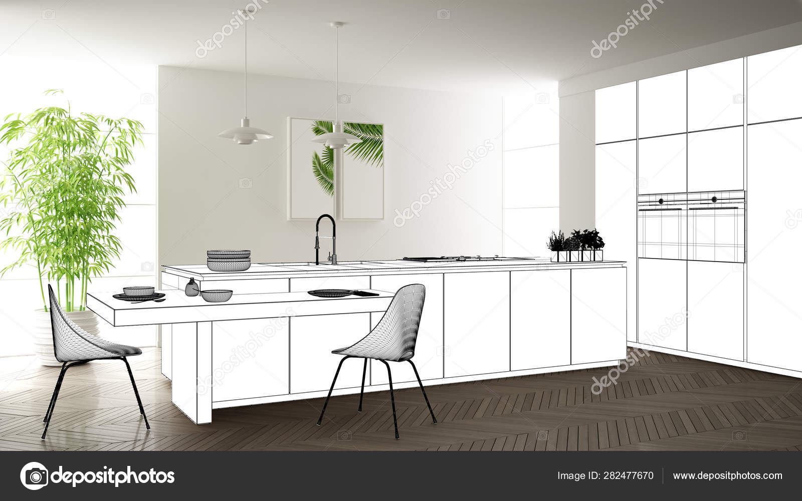 Blueprint Project Draft Sketch Of Minimalist Modern Kitchen With Island And Lamps Interior Design Concept Idea Modern Apartment With Parquet Floor Contemporary Furniture Idea Stock Photo Image By C Archiviz 282477670