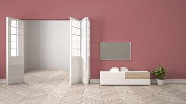 Beyaz mobilya ve tv ile modern kırmızı oturma odası, açık kapılı boş duvar arka planı, herrigbone parke, fotokopi alanı ile şablon arka plan, iç tasarım konsept fikri