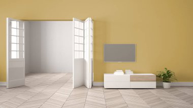 Beyaz mobilya ve tv ile modern sarı oturma odası, açık kapılı boş duvar arka planı, herrigbone parke, fotokopi alanı ile şablon arka plan, iç tasarım konsept fikri