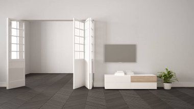 Beyaz mobilya ve tv ile modern oturma odası, açık kapılı boş duvar arka planı, herrigbone parke, fotokopi alanı ile şablon arka plan, iç tasarım konsept fikri