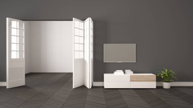 Beyaz mobilya ve tv ile modern gri oturma odası, açık kapılı boş duvar arka planı, herrigbone parke, fotokopi alanı ile şablon arka plan, iç tasarım konsept fikri
