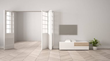 Beyaz mobilya ve tv ile modern oturma odası, açık kapılı boş duvar arka planı, herrigbone parke, fotokopi alanı ile şablon arka plan, iç tasarım konsept fikri