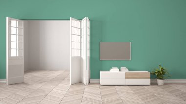 Beyaz mobilya ve tv ile modern turkuaz oturma odası, açık kapılı boş duvar arka planı, herrigbone parke, fotokopi alanı ile şablon arka plan, iç tasarım konsept fikri