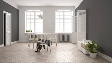 İskandinav beyaz ve gri yemek odası, ahşap ringa kemiği parke zemin, masa ve sandalyeler, pencereler, kapı ve radyatörler. Kolye lambaları. Modern mobilya iç tasarım konsept fikri