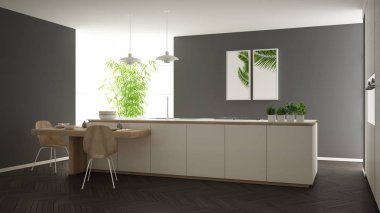 Modern temiz çağdaş beyaz mutfak, sandalye, bambu ve saksı bitkileri, büyük pencere ve ringa kemiği parke zemin, minimalist iç tasarım ile ahşap yemek masası