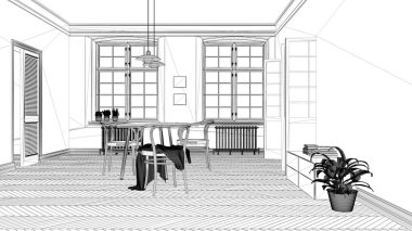 Blueprint proje taslak, İskandinav beyaz ve mor yemek odası, ahşap ringa kemiği parke zemin, masa ve sandalyeler, modern iç tasarım mimari konsept fikir