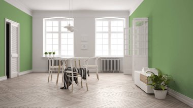 İskandinav beyaz ve yeşil yemek odası, ahşap ringa kemiği parke zemin, masa ve sandalyeler, pencereler, kapı ve radyatörler. Kolye lambaları. Modern mobilya iç tasarım konsept fikri