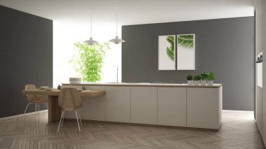Modern temiz çağdaş beyaz mutfak, sandalye, bambu ve saksı bitkileri, büyük pencere ve ringa kemiği parke zemin, minimalist iç tasarım ile ahşap yemek masası