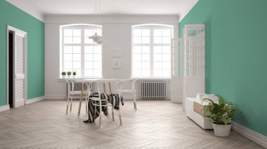 İskandinav beyaz ve turkuaz yemek odası, ahşap ringa kemiği parke zemin, masa, sandalyeler, pencereler, kapı ve radyatörler. Kolye lambaları. Modern mobilya iç tasarım konsept fikri