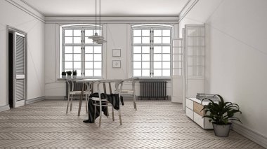 İskandinav beyaz ve mor yemek odası bitmemiş proje, ahşap ringa kemiği parke zemin, masa ve sandalyeler, pencereler, modern iç tasarım mimari konsept fikir