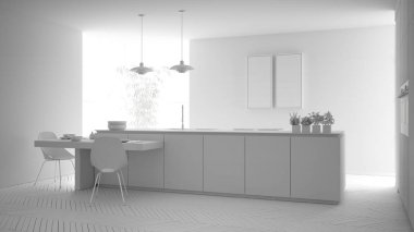 Modern temiz çağdaş mutfak, ada ve sandalye, bambu ve saksı bitkileri, büyük pencere ve parke zemin, minimalist iç tasarım ile ahşap yemek masası toplam beyaz proje