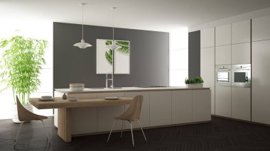 Modern temiz çağdaş beyaz mutfak, sandalye, bambu ve saksı bitkileri, büyük pencere ve ringa kemiği parke zemin, minimalist iç tasarım ile ahşap yemek masası