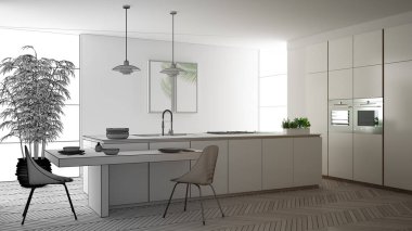 Mimar iç tasarımcı kavramı: gerçek olur bitmemiş proje, modern çağdaş mutfak, sandalye ile ada ve yemek masası, parke zemin, iç tasarım kavramı fikir