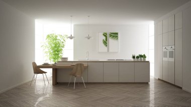 Modern temiz çağdaş beyaz mutfak, sandalye, bambu ve saksı bitkileri, büyük pencere ve ringa kemiği parke zemin, minimalist iç tasarım ile ahşap yemek masası
