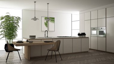 Blueprint taslak taslak, tasarım konsepti, mimar tasarımcı projesi, modern temiz çağdaş mutfak, sandalye ile ada ve yemek masası, parke zemin, iç tasarım konsept fikri