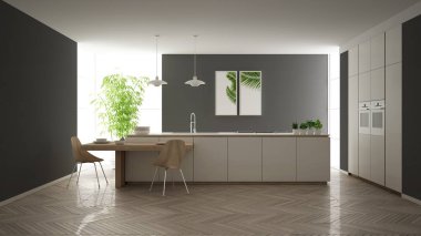 Modern temiz çağdaş beyaz mutfak, sandalye, bambu ve saksı bitkileri, büyük pencere ve ringa kemiği parke zemin, minimalist iç tasarım ile ahşap yemek masası