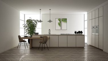 Blueprint taslak taslak, tasarım konsepti, mimar tasarımcı projesi, modern temiz çağdaş mutfak, sandalye ile ada ve yemek masası, parke zemin, iç tasarım konsept fikri