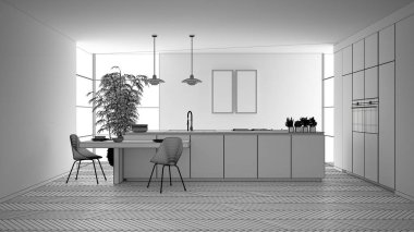 Modern temiz çağdaş mutfak bitmemiş proje, sandalye, bambu ve saksı bitkileri, pencere ve parke zemin, iç tasarım konsept fikri ile ahşap yemek masası