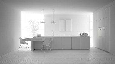 Modern temiz çağdaş mutfak, ada ve sandalye, bambu ve saksı bitkileri, büyük pencere ve parke zemin, minimalist iç tasarım ile ahşap yemek masası toplam beyaz proje