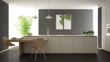 Modern temiz çağdaş beyaz mutfak, sandalye, bambu ve saksı bitkileri, büyük pencere ve ringa kemiği parke zemin, minimalist iç tasarım ile ahşap yemek masası