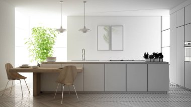 Mimar iç tasarımcı kavramı: gerçek olur bitmemiş proje, modern çağdaş mutfak, sandalye ile ada ve yemek masası, parke zemin, iç tasarım kavramı fikir