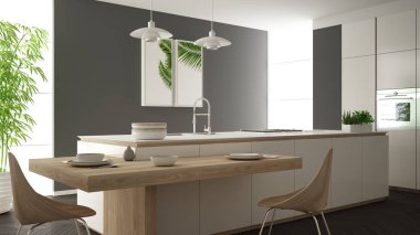 Modern temiz çağdaş beyaz mutfak, sandalye, bambu ve saksı bitkileri, büyük pencere ve ringa kemiği parke zemin, minimalist iç tasarım ile ahşap yemek masası