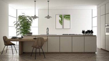 Blueprint taslak taslak, tasarım konsepti, mimar tasarımcı projesi, modern temiz çağdaş mutfak, sandalye ile ada ve yemek masası, parke zemin, iç tasarım konsept fikri