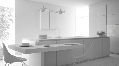 Modern temiz çağdaş mutfak, ada ve sandalye, bambu ve saksı bitkileri, büyük pencere ve parke zemin, minimalist iç tasarım ile ahşap yemek masası toplam beyaz proje