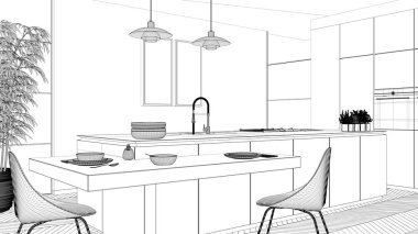 Blueprint proje taslak, modern temiz çağdaş mutfak, sandalye, bambu ve saksı bitkileri, pencere ve parke zemin, iç tasarım konsept fikri ile ada ve ahşap yemek masası