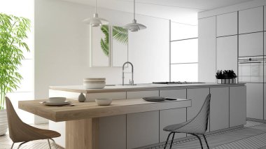 Mimar iç tasarımcı kavramı: gerçek olur bitmemiş proje, modern çağdaş mutfak, sandalye ile ada ve yemek masası, parke zemin, iç tasarım kavramı fikir