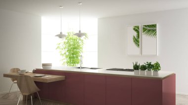 Modern temiz çağdaş gri mutfak, sandalye, bambu ve saksı bitkileri, büyük pencere ve ringa kemiği parke zemin, minimalist iç tasarım ile ahşap yemek masası