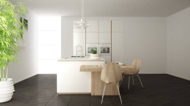 Modern temiz çağdaş beyaz mutfak, sandalye, bambu ve saksı bitkileri, büyük pencere ve ringa kemiği parke zemin, minimalist iç tasarım ile ahşap yemek masası