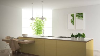 Modern temiz çağdaş sarı mutfak, sandalye, bambu ve saksı bitkileri, büyük pencere ve ringa kemiği parke zemin, minimalist iç tasarım ile ahşap yemek masası